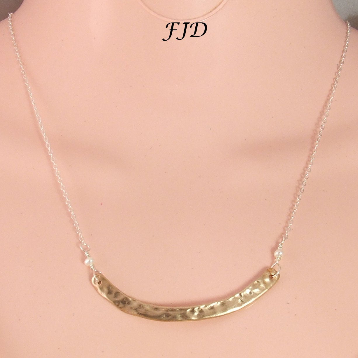 Handmade Bronze Curved Bar and Sterling Silver Necklace