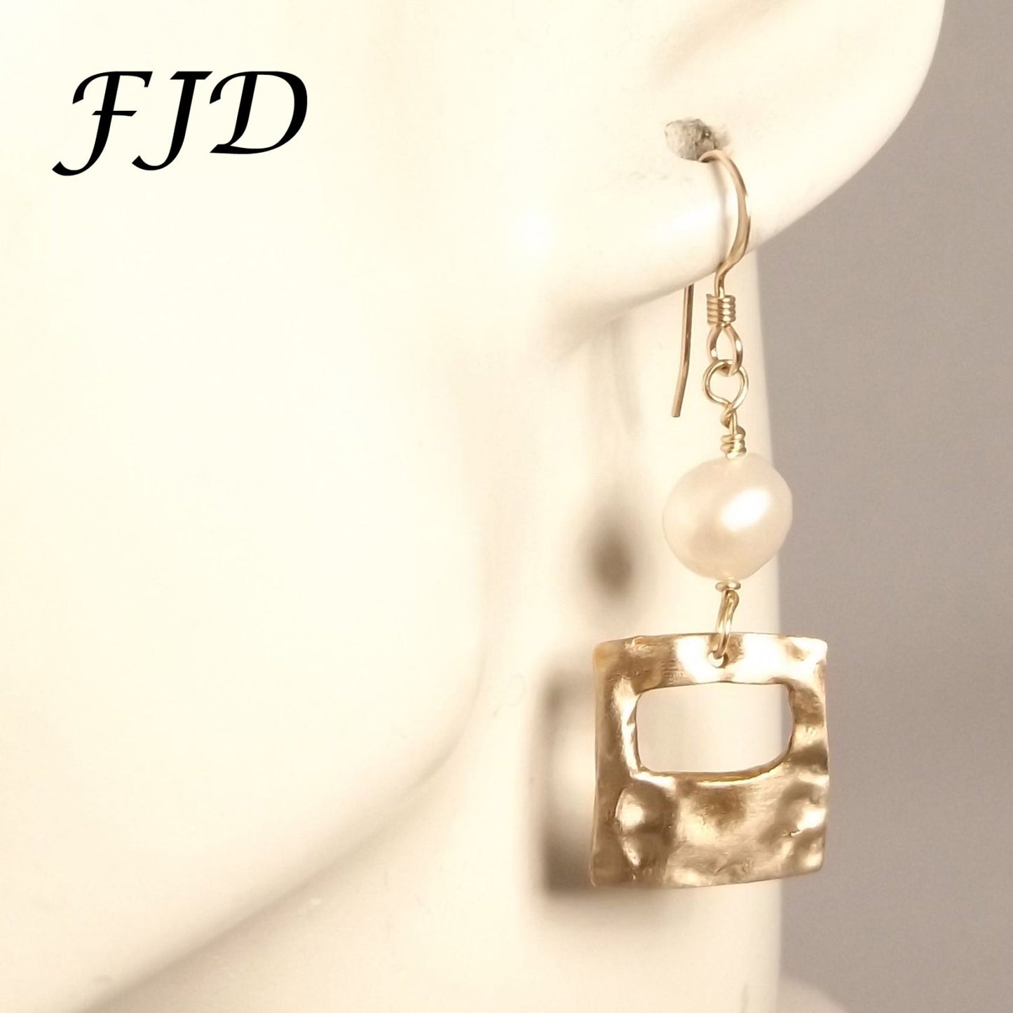 Hammered Bronze, Freshwater Pearl and Gold Earrings - Rustic Elegance