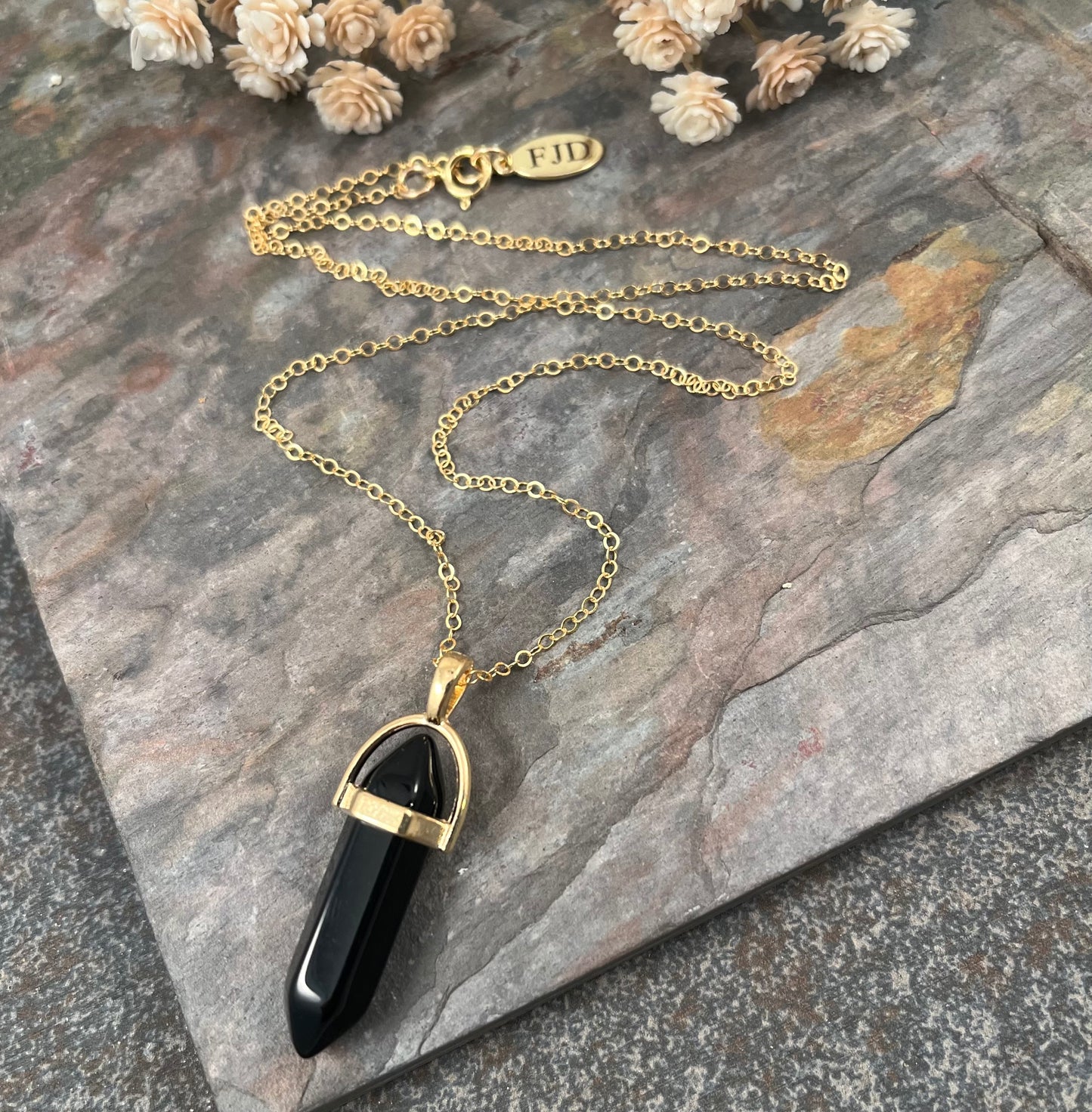 Just Breathe - Black Stone and Gold Filled Necklace