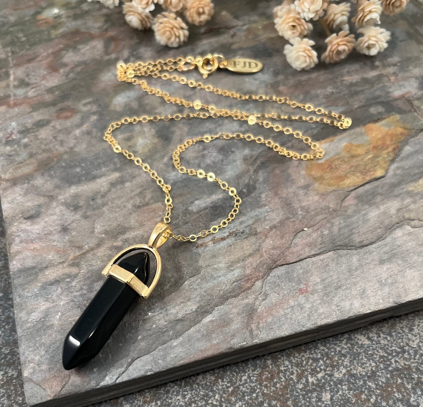 Just Breathe - Black Stone and Gold Filled Necklace