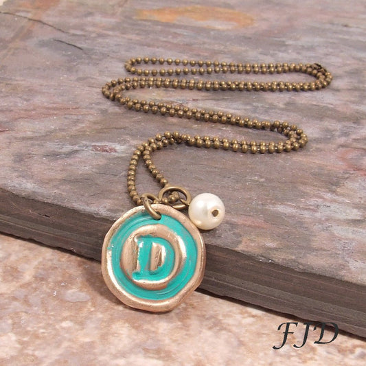 Hand-Stamped Bronze Initial Necklace - Typewriter Style