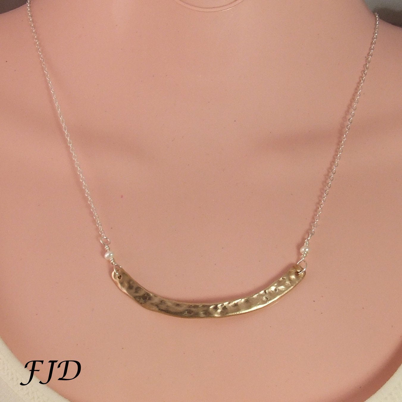 Handmade Bronze Curved Bar and Sterling Silver Necklace