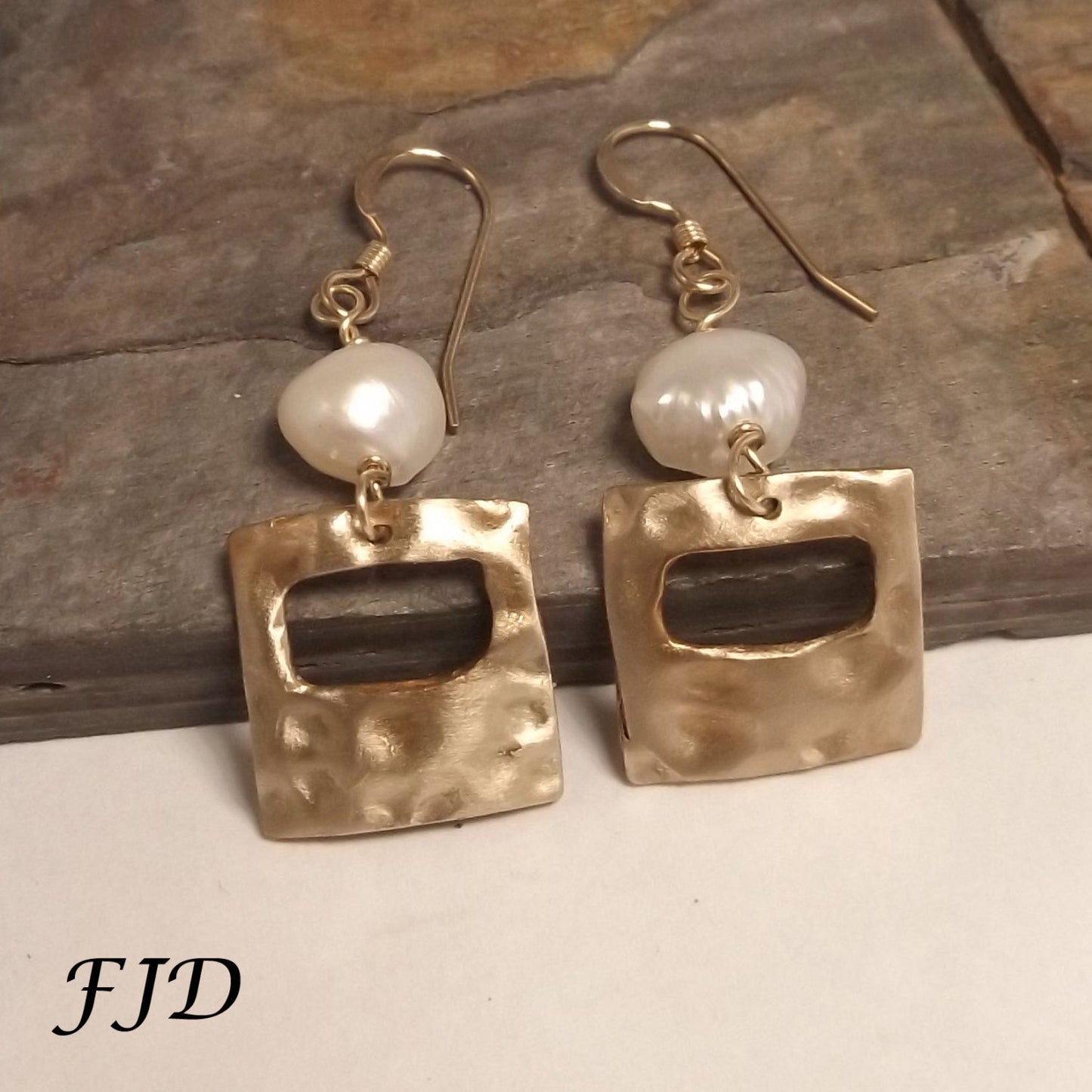 Hammered Bronze, Freshwater Pearl and Gold Earrings - Rustic Elegance