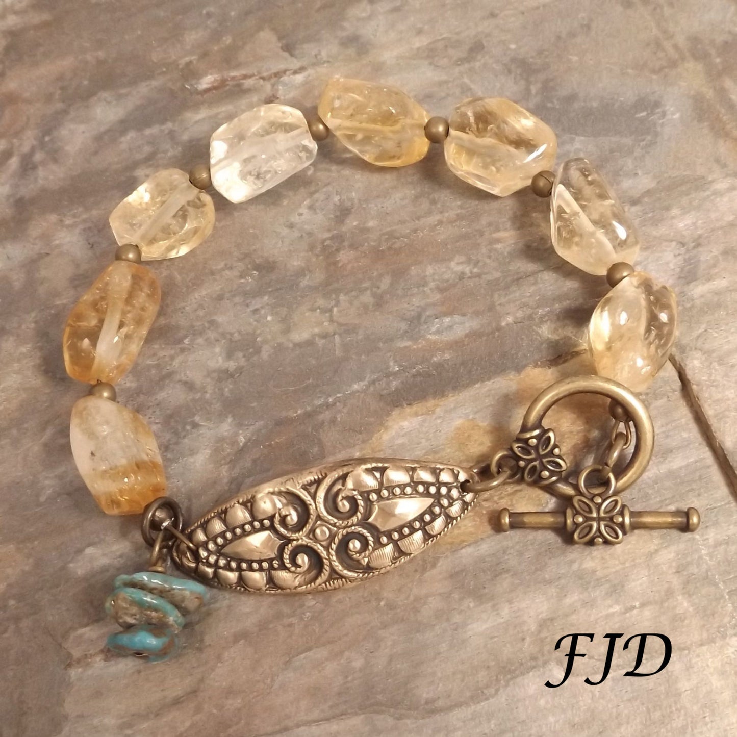 Hayley - Hand Stamped Bronze, Citrine and Turquoise Bracelet